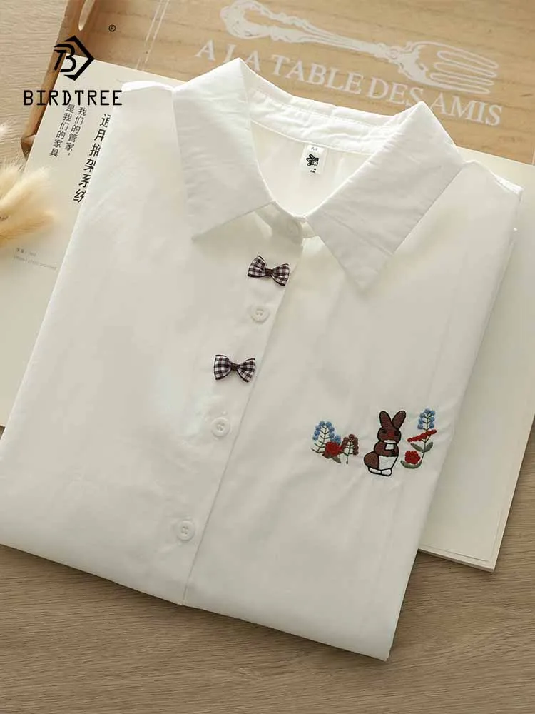 

New 2025 Summer Cotton Short Sleeve Shirt, Women Turn-down Collar Cute Embroidery, Mori Girl French Bow Loose Blouse T57526CC