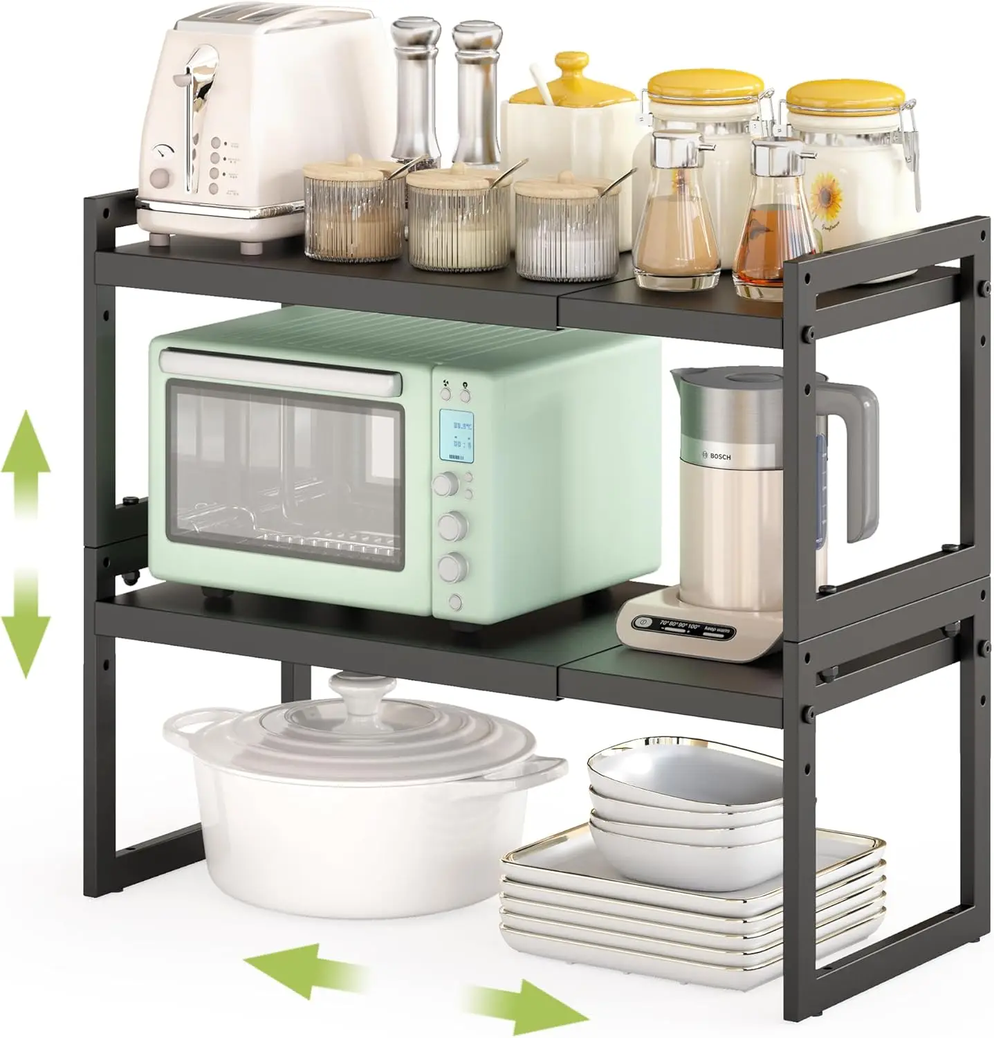 

Expandable Kitchen Countertop Organizer, Stackable Shelf, Space-Saving Spice Rack, Black (2 Pack)