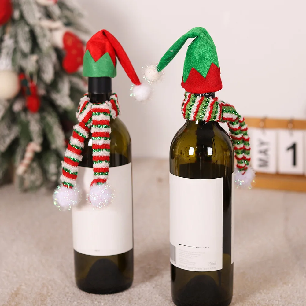 Christmas Wine Bottle Cover Sets Christmas Mini Doll Hats And Scarves Wine Bottle Decor New Year Xmas Party Table Decorations