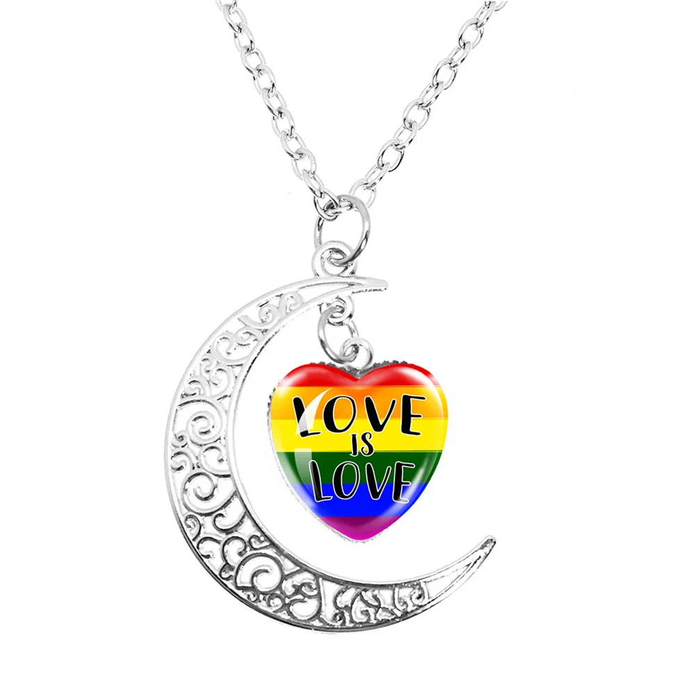 Gay Pride Rainbow Flag Peach Heart Moon Necklace Lesbian LGBT Pride Bright Color Glass Cabochon High Quality Chaveiro Gay Gift