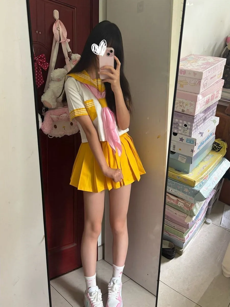 Authentic Japanese School Uniform Basic Yellow Three Books Sailor Suit Set Cute School Girl Pleated Skirt Outfit Polyester view 2