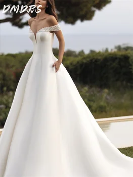 Vestido de novia elegante con hombros descubiertos, vestido de novia romántico con perlas, vestido de novia clásico personalizado de satén hasta el suelo, Vestidos