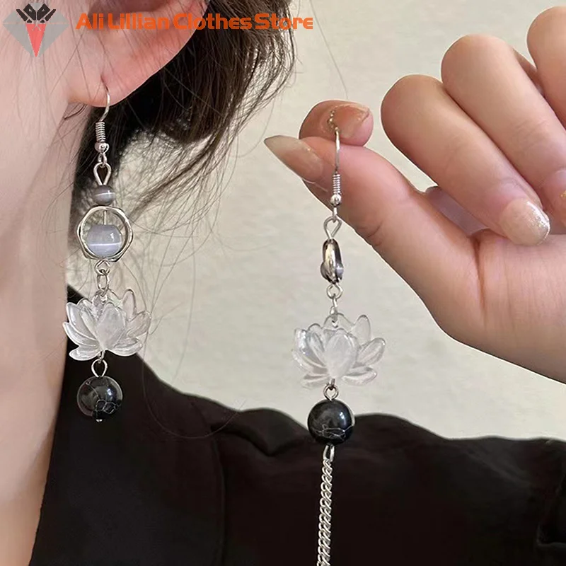 1Pair Unique Exquisite Lotus Earrings Elegant Pink Flower Asymmetric Drop Stud Earrings For Women VintageJewelry Accessories