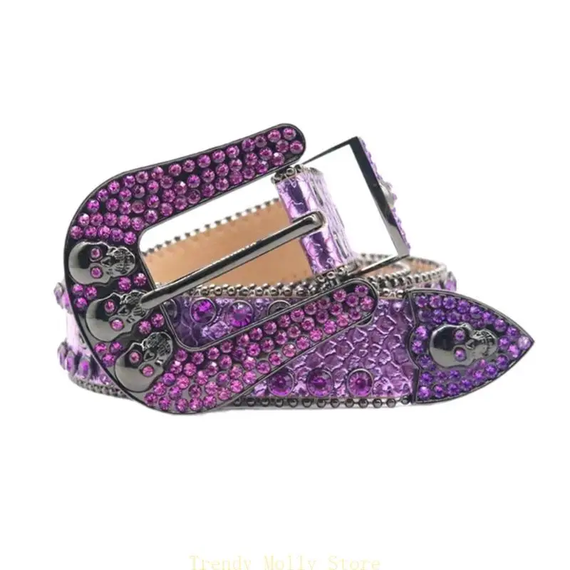 

N5KB Blingbling Waist Belt Glinting Buckle with Skull Encrusted Rhinestones