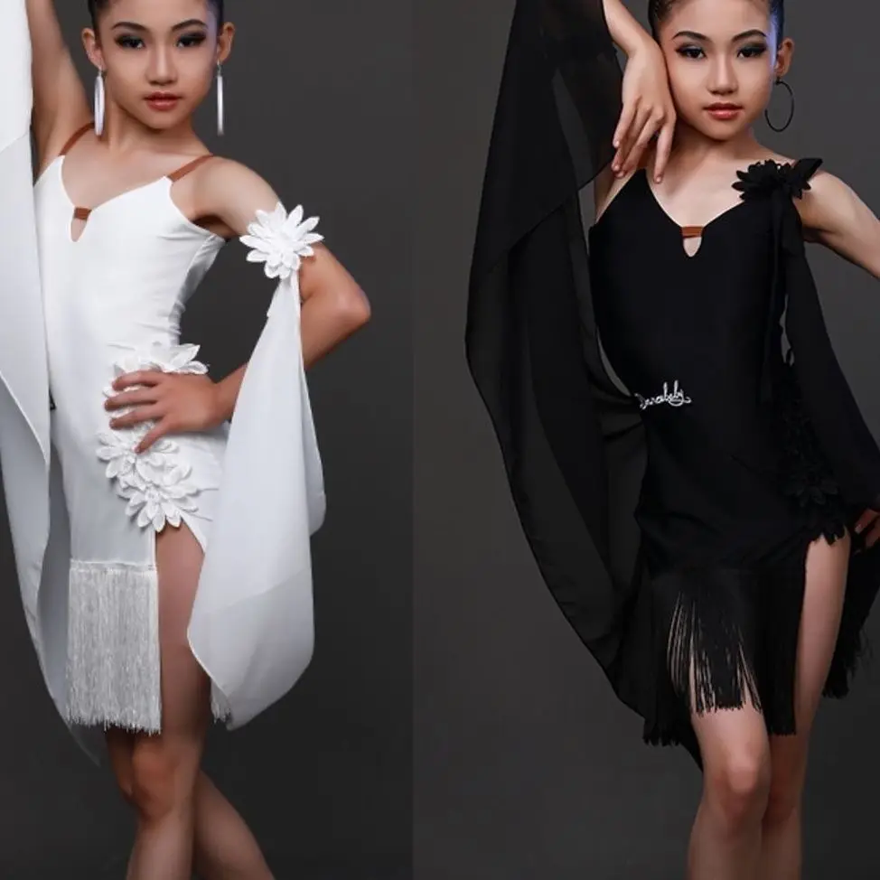 

children's costume, high-end performance flow, large swing skirt dress New Latin dance floral costume, high-end dance costume,