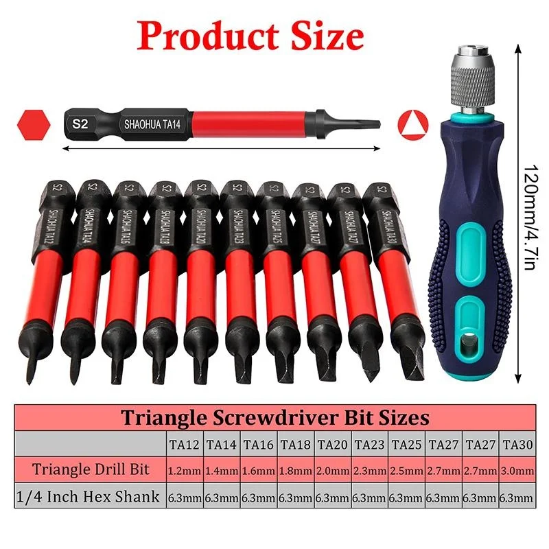 

Impact Tough Triangle Screwdriver Set W/1/4" Quick Change Bit Driver, 10PCS Upgraded S2 Steel Triangular Screwdriver Bits