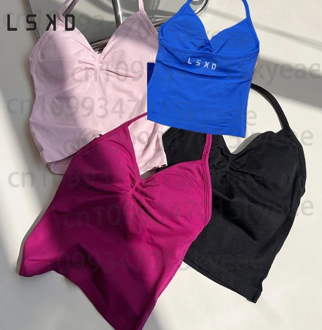 

LSD Summer New Spice Girl Bra Letter Printing Pleated Neck Fitness Long Vest Chest Pad Shape Shock-proof Back Sports Vest Top