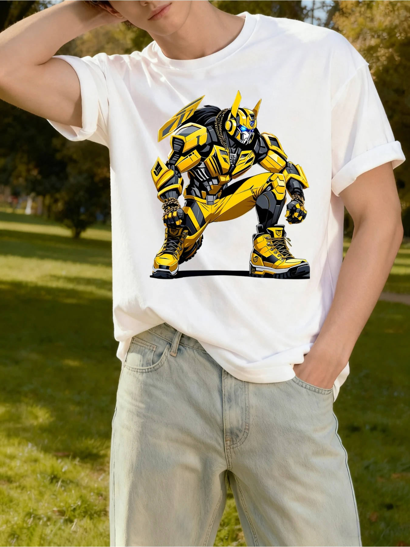 Camiseta Transformers animada "Optimus Prime e Bumblebee" com estampa criativa de 67 números, moda casual com gola redonda