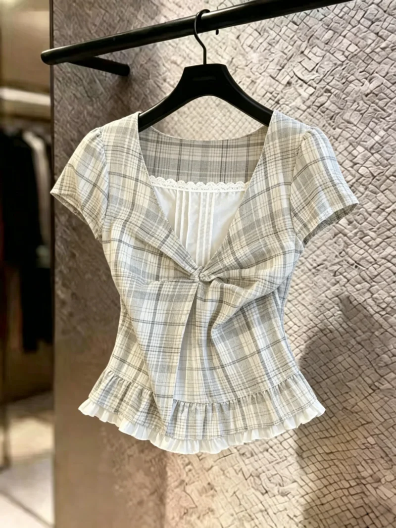 

Summer Style Women's Shirt Plaid Color Block Fly Sleeve V Neck Korean Version Straight Cut Silk Top Fashionable Versatile Blouse