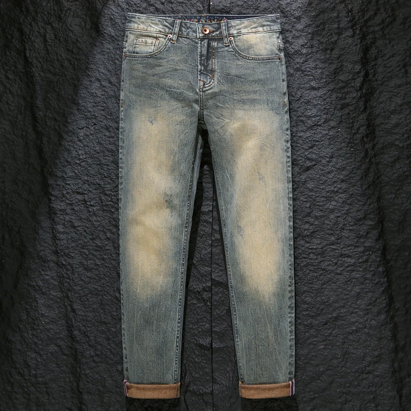 High quality retro jeans men's slim fit straight leg new washed casual American men's long pants denim jeans for men