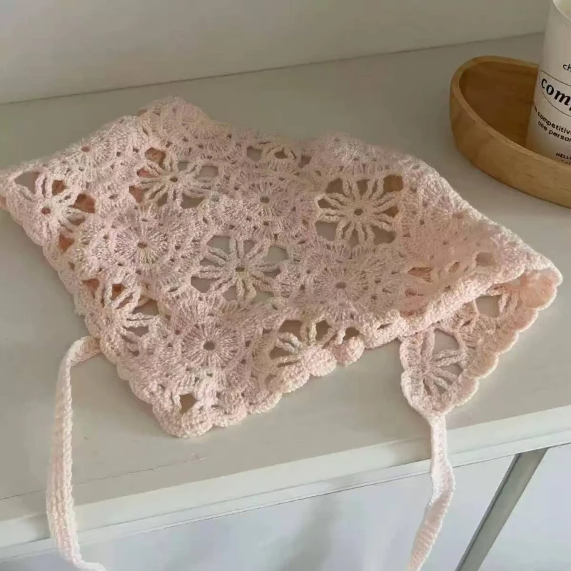 

Fashion Knitted Headscarf Hat French Pastoral Style Triangle Headband Handmade Crochet Headband Towel Retro Flower Headscarf