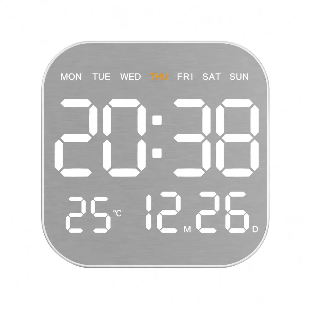 Silent Mirror Brushed Finish Wall Clock Table Alarm with Temperature Display for Bedroom Office Living Room Decor