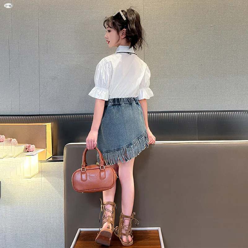 2025 الصيف ألف خط مرونة الخصر الفتيات الفتيات الدنيم السراويل التحيز شرابة تنورة الأطفال المراهقين رقيقة الركبة الملابس 4 5 8 10 12 سنة #4