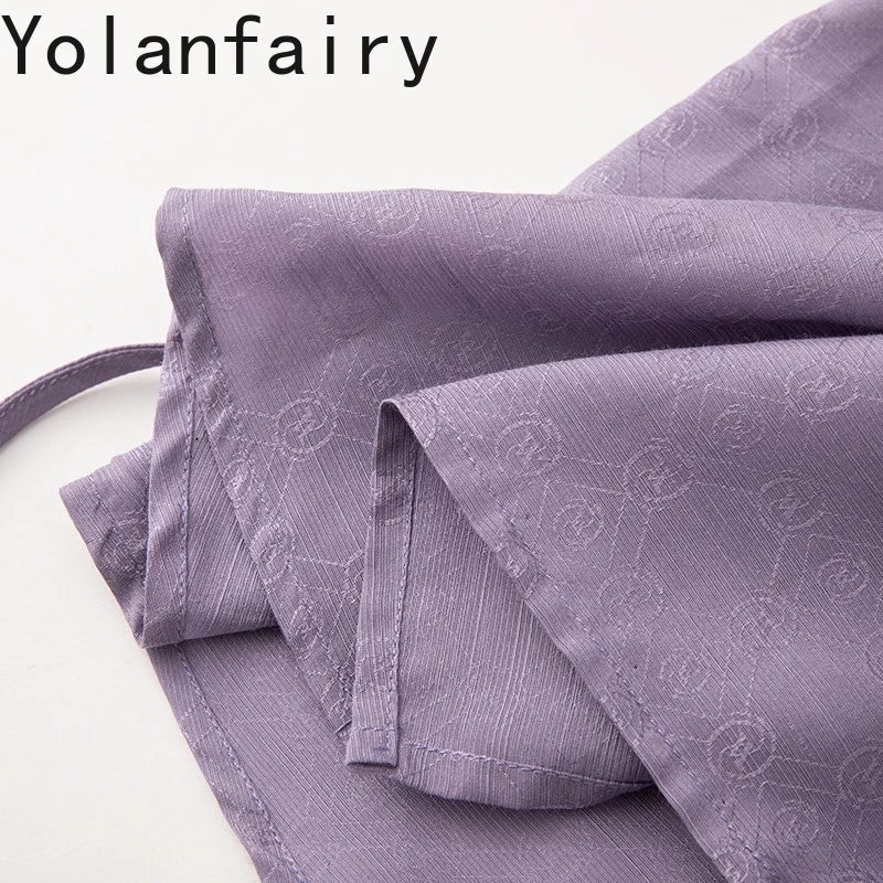 YOLANFAIRY 여성용 100% 멀 베리 실크 셔츠 자카드 우아한 여성용 블라우스 탑 여름 빈티지 루즈 여성용 보라색 셔츠