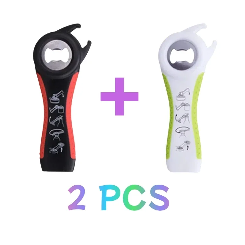 2PCS 5 in 1 Black Multifunctional Stainless Steel Plastic Can Jar Bottle Opener Can Opener Beer Soda Bottle Gadget Kitchen Tools