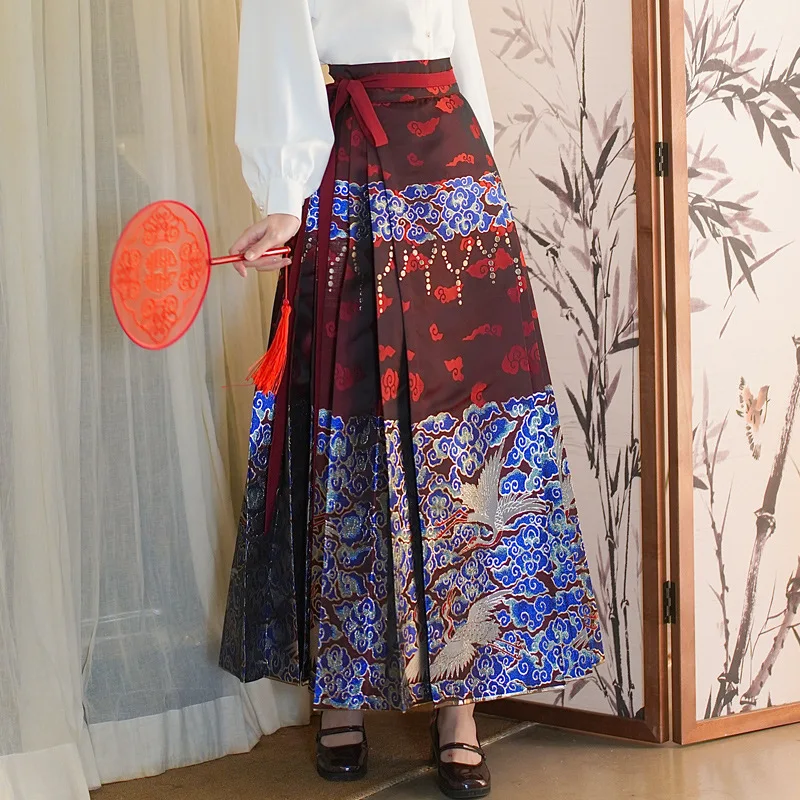 Ming Dynasty Hanfu Horse Face Skirt Women Spring Pleats Skirt Chinese Style Embroidery Weaving Red Blue Hanfu Skirt White Shirt