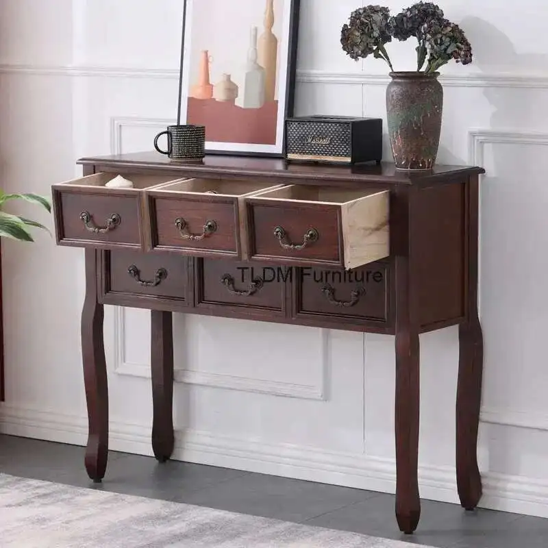 

Retro Solid Wood Console Table for Entrance American Decorative Double Drawer Tables Light Luxury Living Room Table for Home H