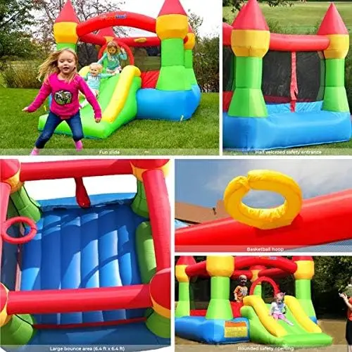 Bounce House Castle with Basketball Hoop Inflatable Bouncer, Fun Slide, Safe Entrance Opening, 12 ft x 9 ft x 7 ft H