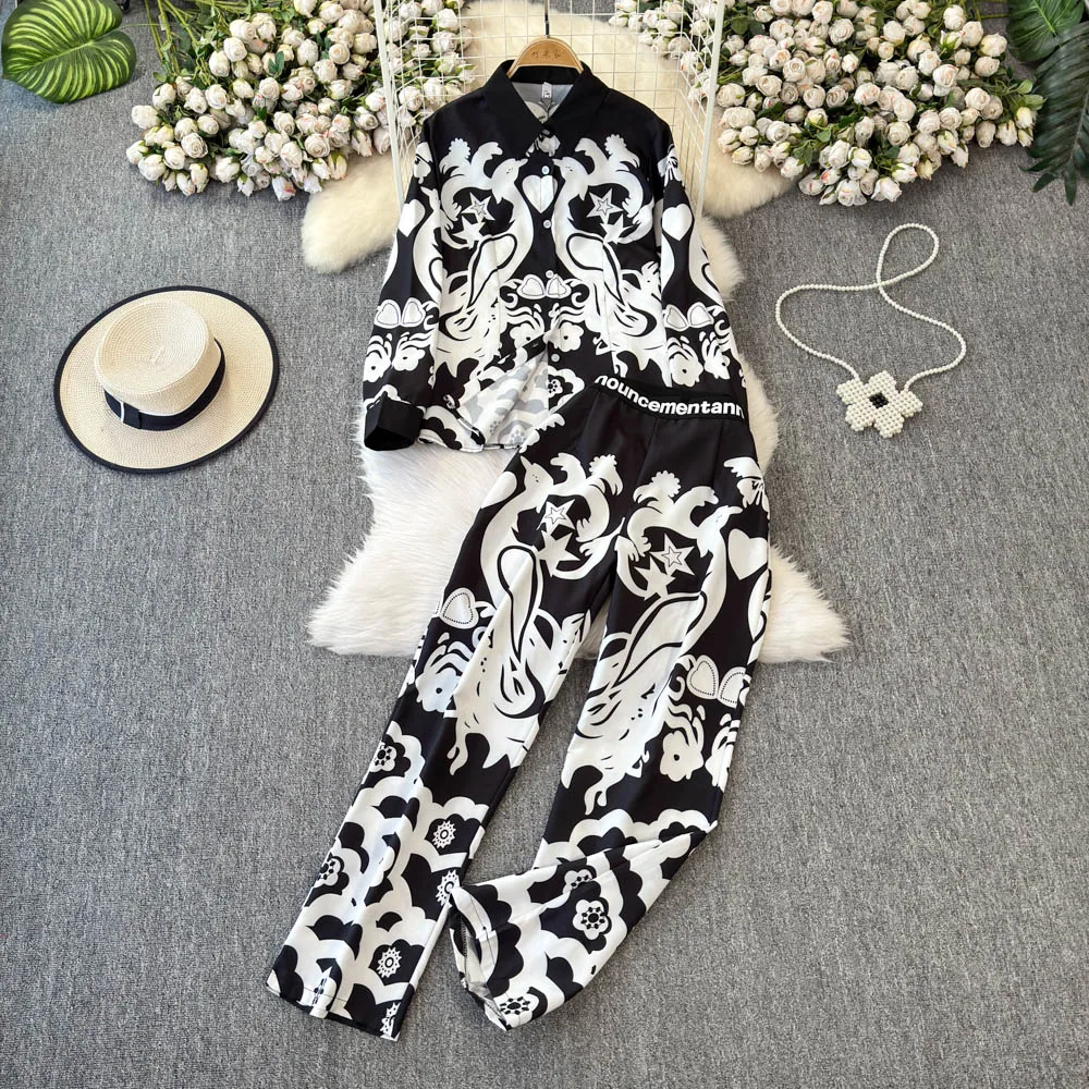 

Весенне-летние брюки с принтом, комплект из 2 предметов, однобортная рубашка с лацканами и длинными рукавами, широкие брюки, костюм, американские женские комплекты