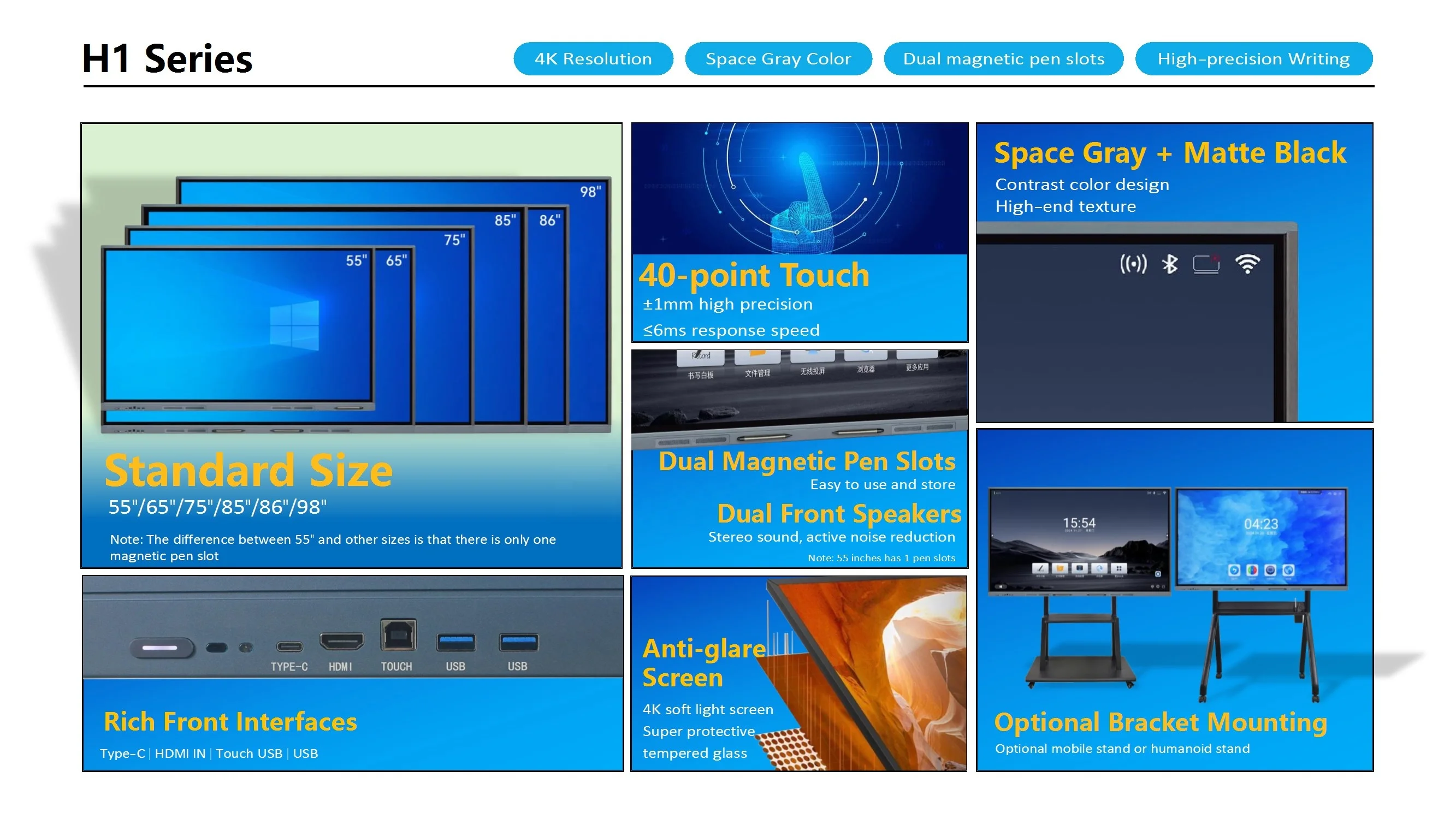 65/75/85/95 Inch Touch Screen Interactive Digital Board Wall-Hang LCD Interactive Whiteboard Bluetooth Wifi HMI