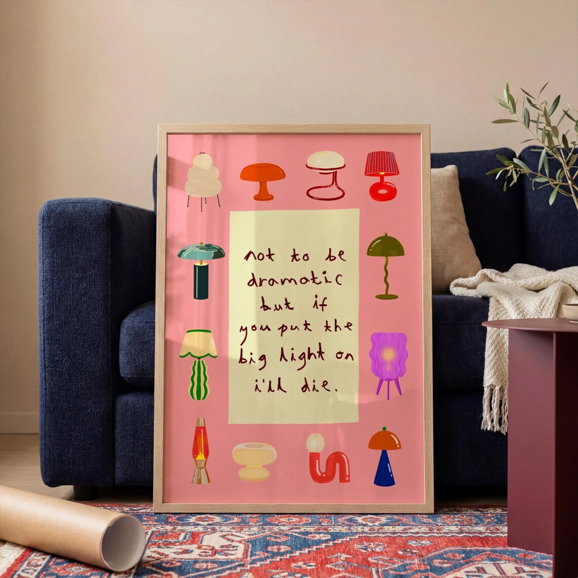 Modern Pink Maximalist Funny Lamp Quote Wall Art Print Canvas Painting Poster Picture For Bedroom,Living Room Home Decor
