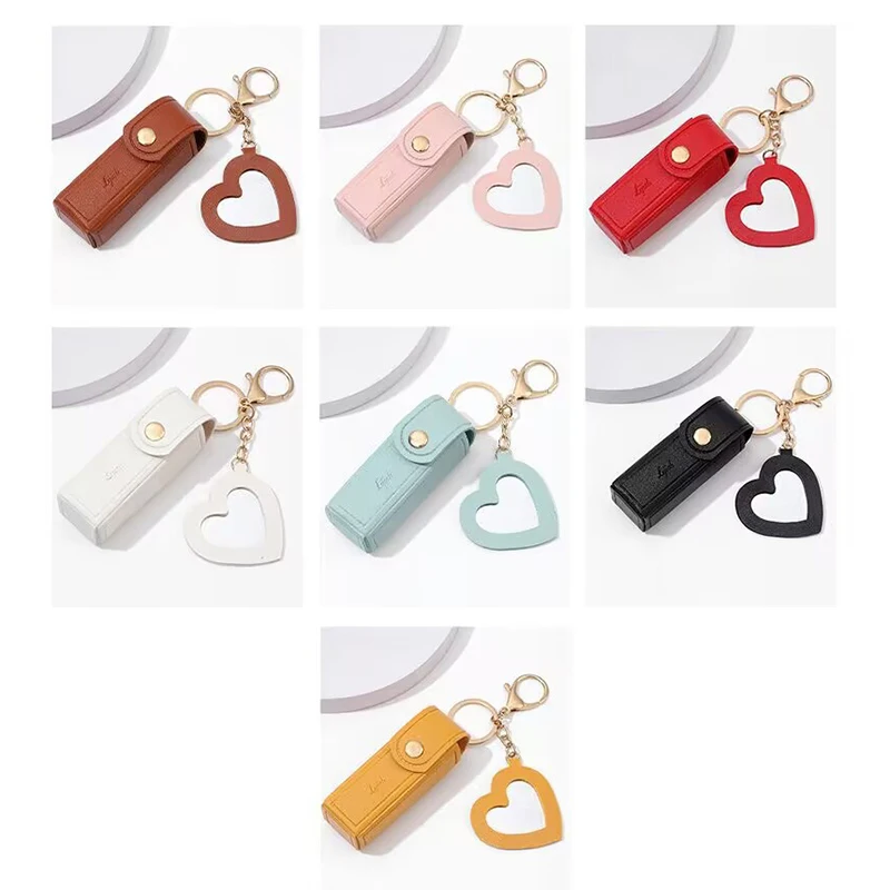 Mini Portable Key Bag Lipstick Lipstick Cosmetics Storage Bag With Mirror Leather Lip Balm Bag Keychain Holder Protective Cover