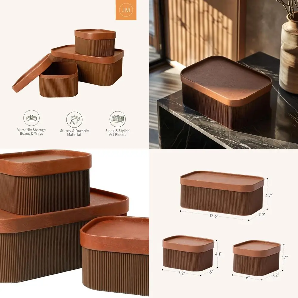 

Set of 3 Chestnut-Tone Fluted Cardboard Storage Baskets with Leather-Like Lids and Decorative Trays
