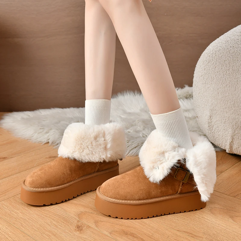 المرأة الدافئة منتصف العجل الأحذية نمط جديد عكسها الشتاء المخملية اليومية سميكة سوليد زيادة كم الأحذية بسيطة الثلوج الأحذية #6