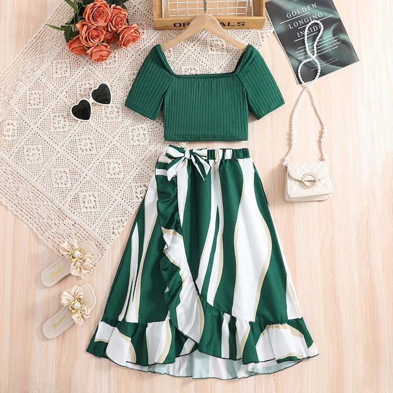 Kids Casual Dress Sets for Girls Clothes Summer New Fashion Children Green T-shirts Tops Stripe Long Skirts Clothing Sets 7-14Y