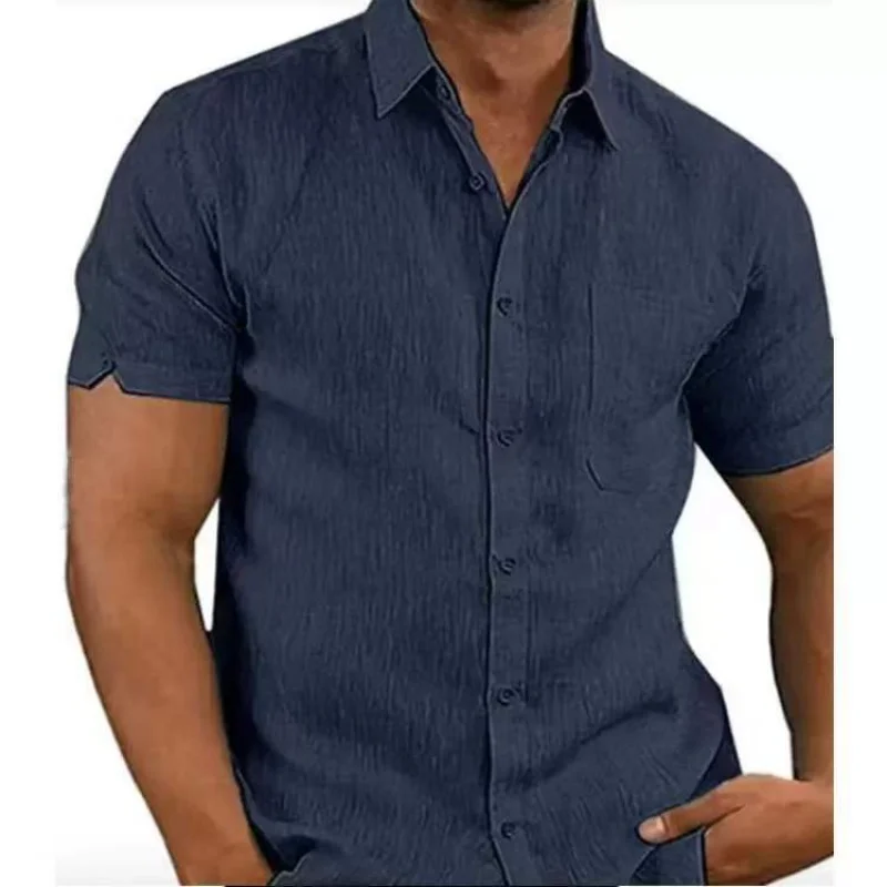 CIGY-Men's Short Sleeve Button Linen Shirt, Lapel, Monochromatic, Summer Clothing, Hot Sale