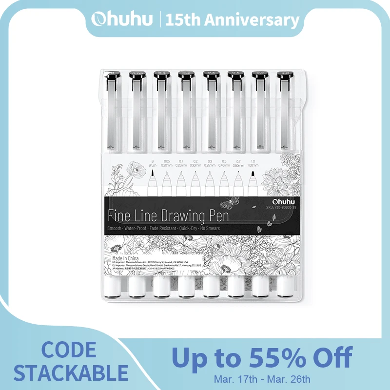 Ohuhu Micro Pen Fineliner Drawing Pens 8 Pack Line Pens Art Colored Pens Fine Point Markers Waterproof Writing Sketching Manga