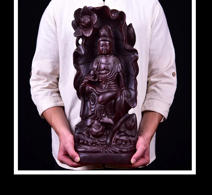 50 cm große HOME SHOP Heimdekoration, Talisman, Segen für die Familie, viel Glück, Lotus, Guanyin, Buddha, Ebenholz, handgeschnitzte Kunststatue