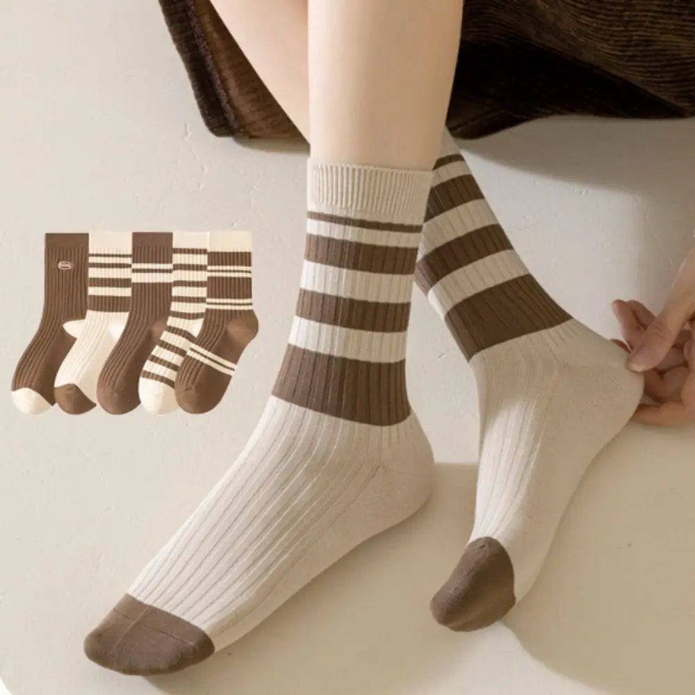 

5Pairs Comfortable Retro Women's Cotton Socks Breathable Soft Stripe Tube Socks Thin Hosiery Mid-calf Socks for Four Seasons
