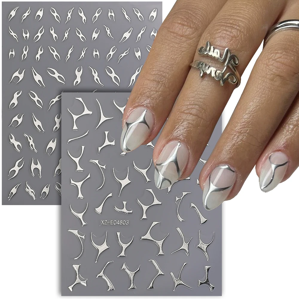 Set de 6 pegatinas plateadas irregulares para uñas, calcomanías metálicas plateadas con diseño de telaraña, calcomanías geniales para uñas, calcomanías plateadas con líneas retorcidas de estampado en caliente.