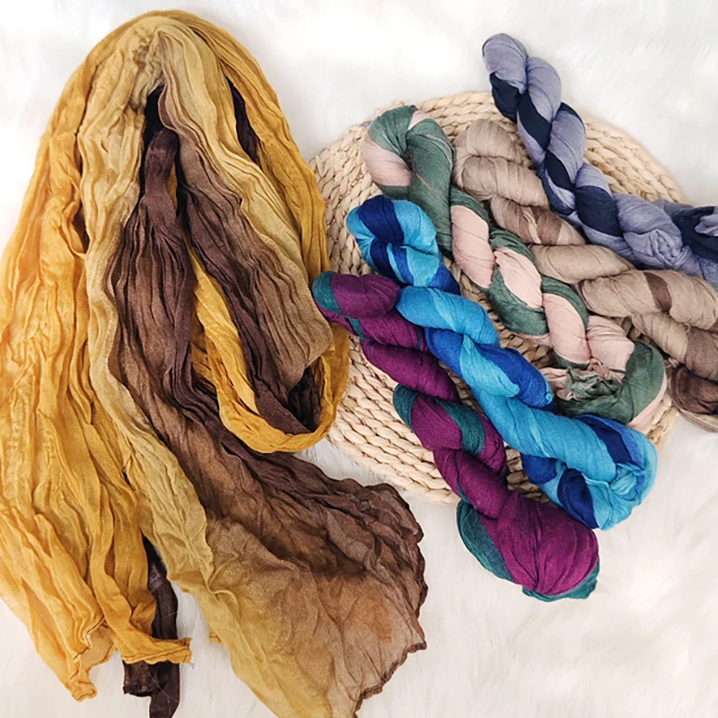 [YU]New Scarf Cotton Hemp Gradient Blue Retro Versatile Printed Women's Long Fold Shawl Soft Fashionable Trend 180x90cm