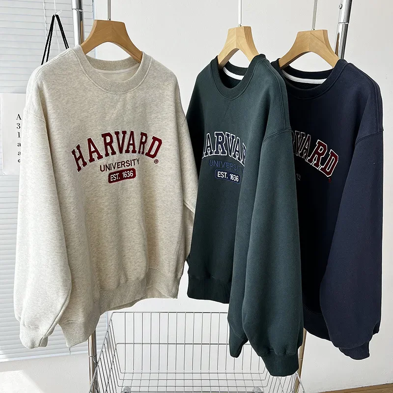 Heavy Industry Alphabet Embroidered Plush Casual Sweater Women\'s Spring and Autumn Thickened Warm Loose College Style