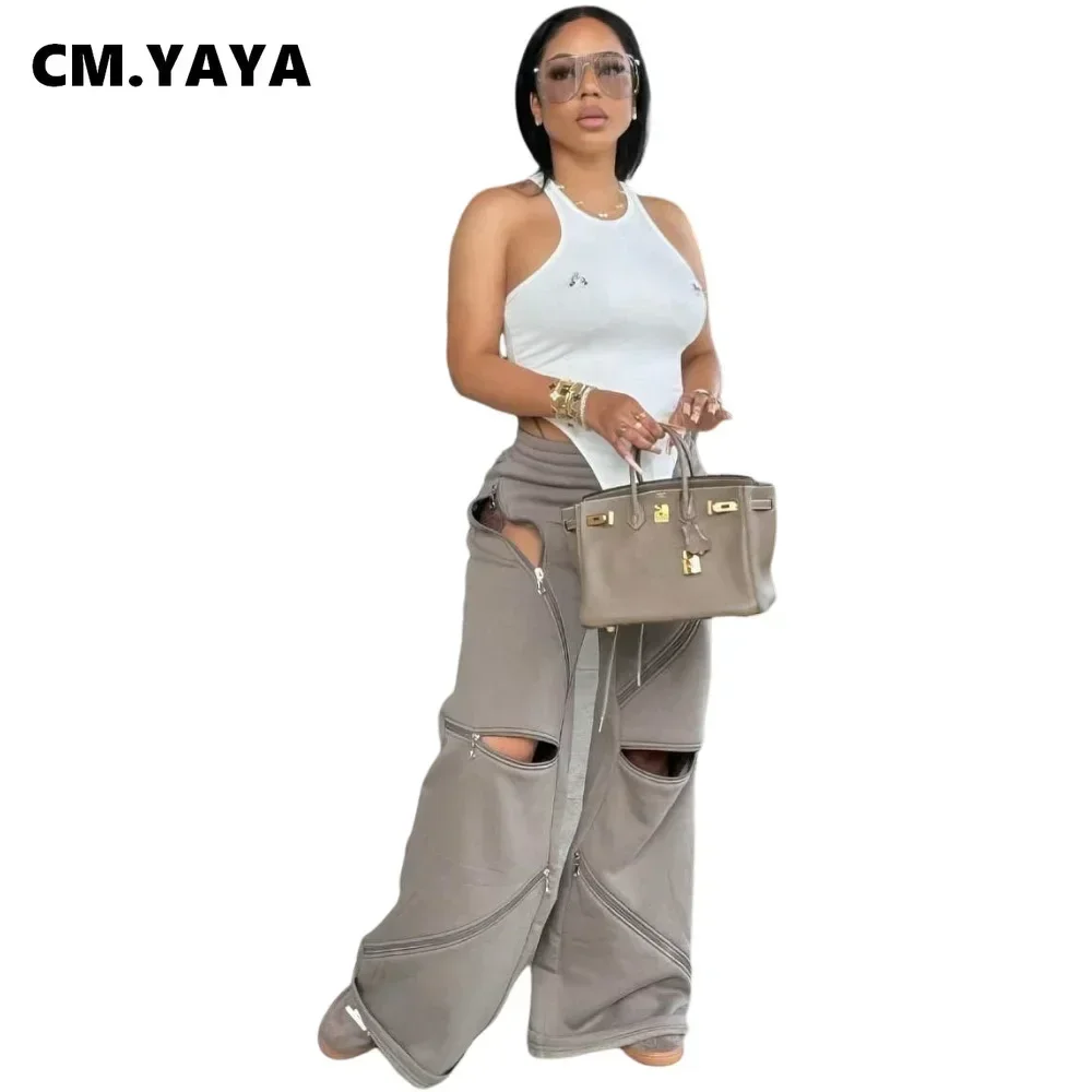 CM.YAYA Fashion Zipper Adjust Hole Women Wide Leg Loose Jogger Pants 2024 Fall Winter Active Loose Sporty Sweatpants Trousers