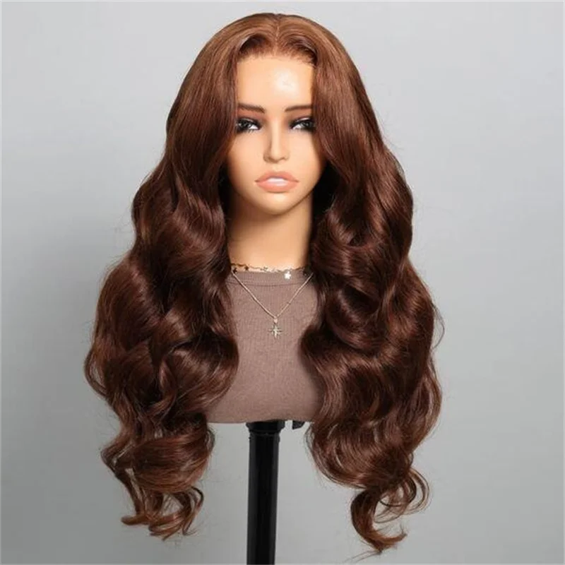 Lungo 180% DensityBody Wave 26 pollici marrone morbido Glueless parrucca anteriore del merletto per le donne con i capelli del bambino sintetico prepizzicato moda quotidiana