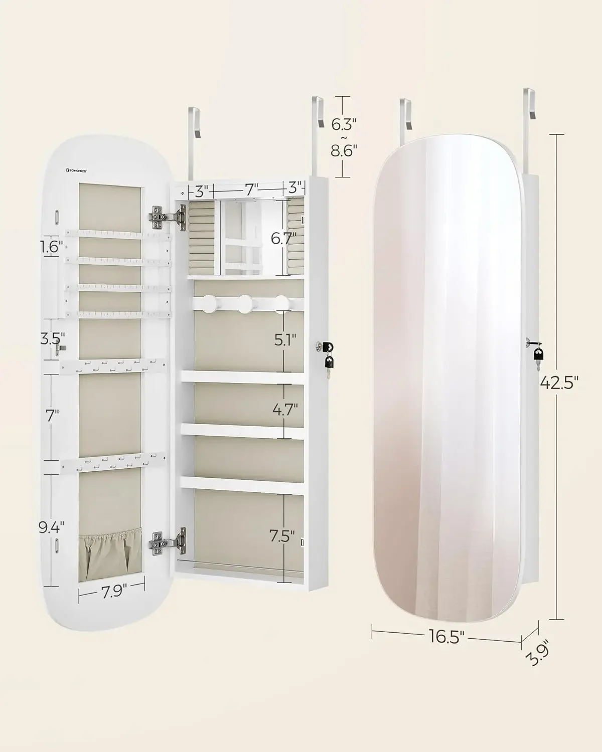 Sieradenorganizer, LED-sieradenkast aan de muur of deur gemonteerd, afsluitbare afgeronde brede spiegel, wit oppervlak met grijze voering