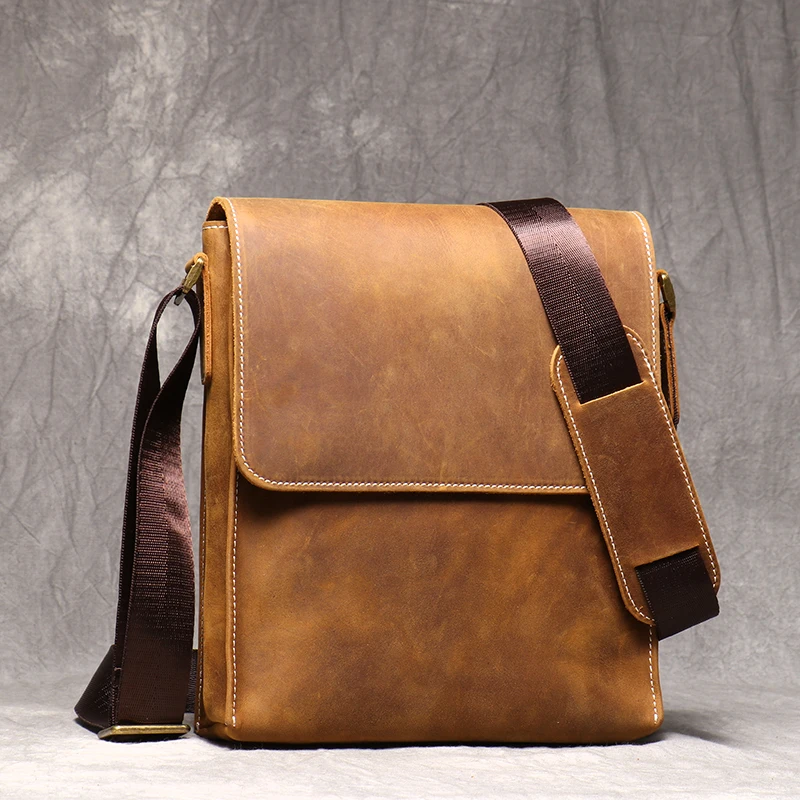 Leather Shoulder Bag Men\'s Cowhide Sling Bag Brown Crossbody Casual Magnetic Buckle Flap Shoulder Bags for 8-inch iPad