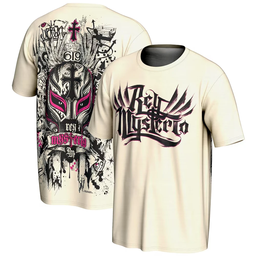 Men's Cream Rey Mysterio Graffiti Mask T-Shirt 3D Print Breathable Quick Dry Short Sleeve Sports Casual Plus Size T-Shirts 5XL