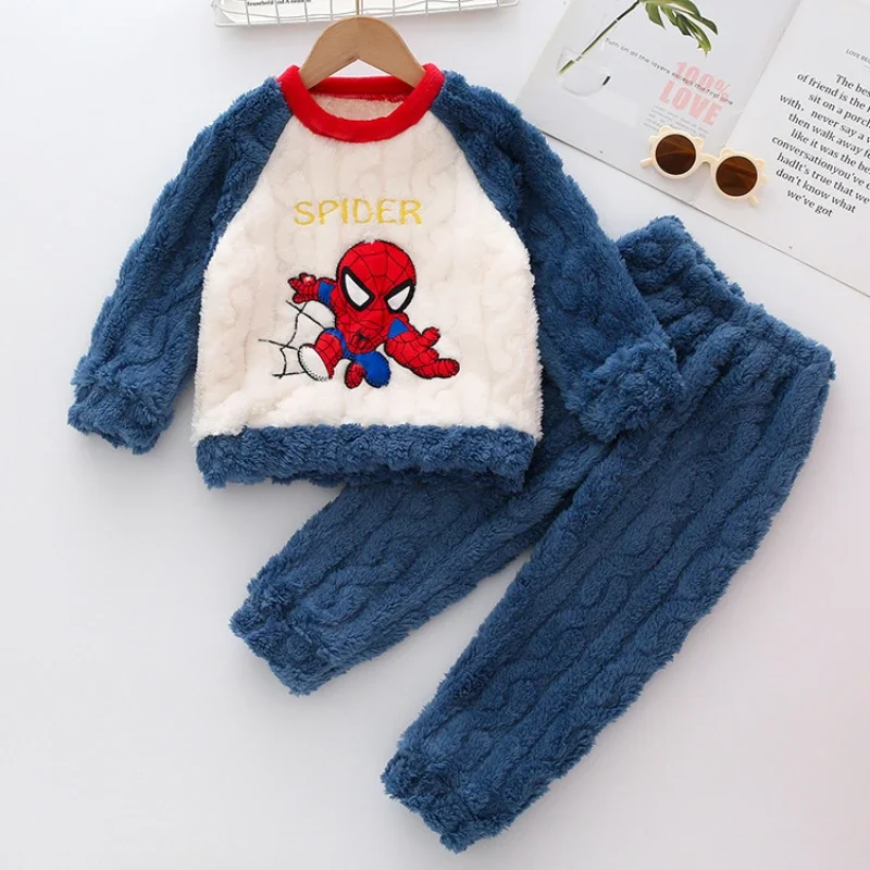 Winter Spiderman Children Clothing Boys Sleepwear Set Flannel Thick Long Sleeve Warm Set Pajamas Two Pieces Kids Clothes Gift