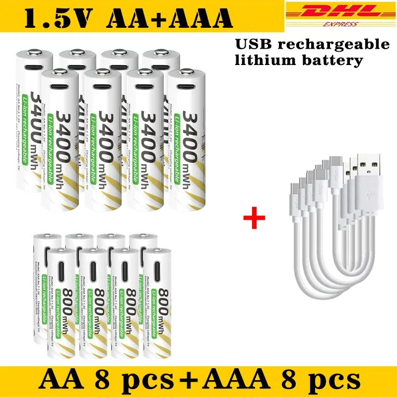 New Li-ion AAA and AA Rechargeable Batteries USB Lithium-ion 3400mWh 1.5V AA Rechargeable Batteries+800mWh 1.5V AAA Batt