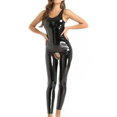 Islak Görünümlü Patent Deri Bodysuit Yüksek Esnek Parlak Deri Açık Kasık Kolsuz Tulum Gece Kulübü Lateks Catsuit Kadınlar İçin