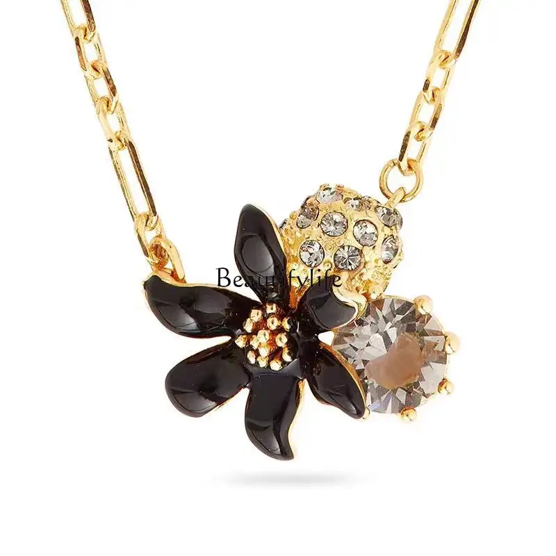 

Enamel Color Round Crystal Black Lily Flower Necklace Female Versatile Premium Clavicle Chain