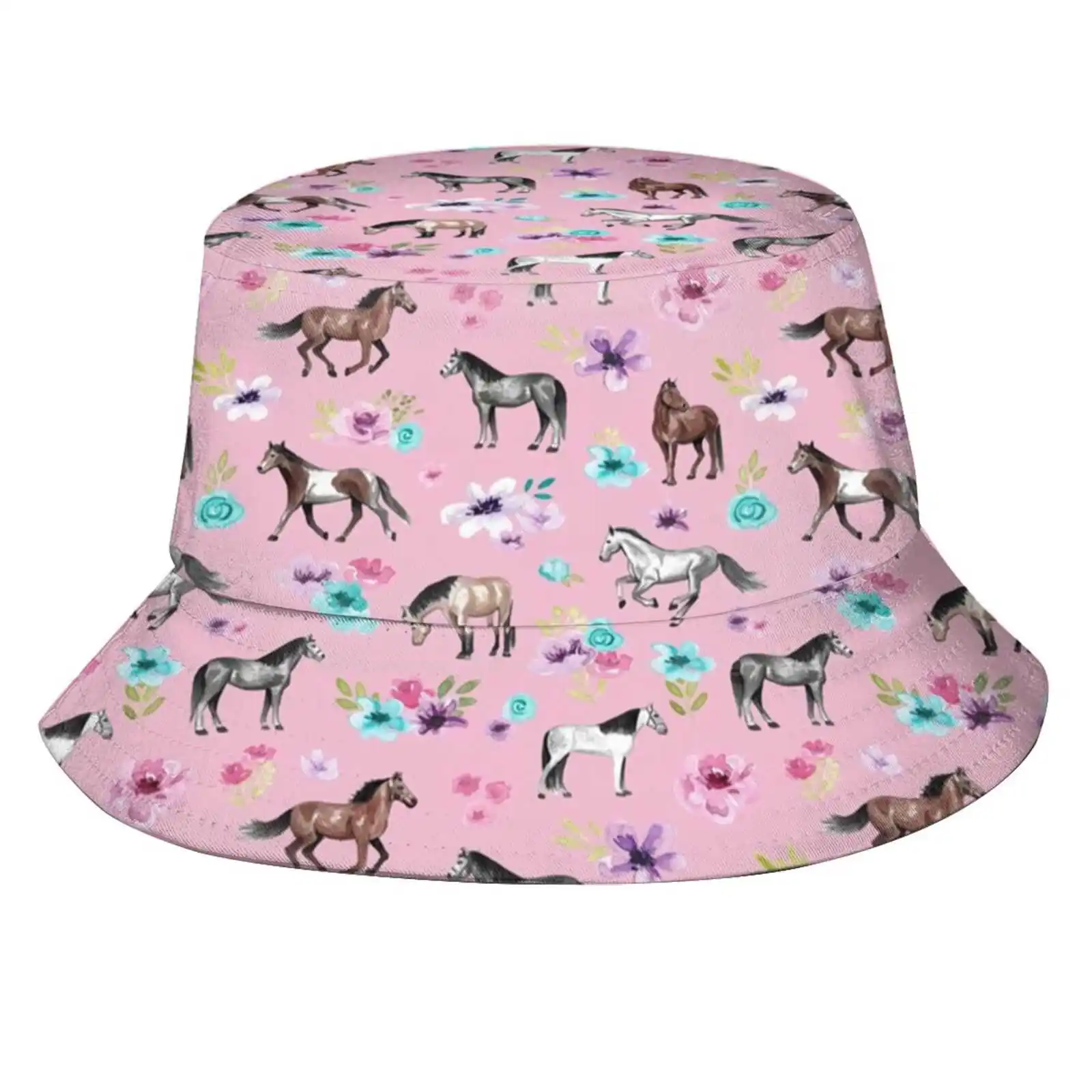 Horses And Flowers On Pink, Equestrian Art, Horse Decor, Cowgirl, Horse Pattern Sun Cap Fisherman Hat Bucket Hats Western