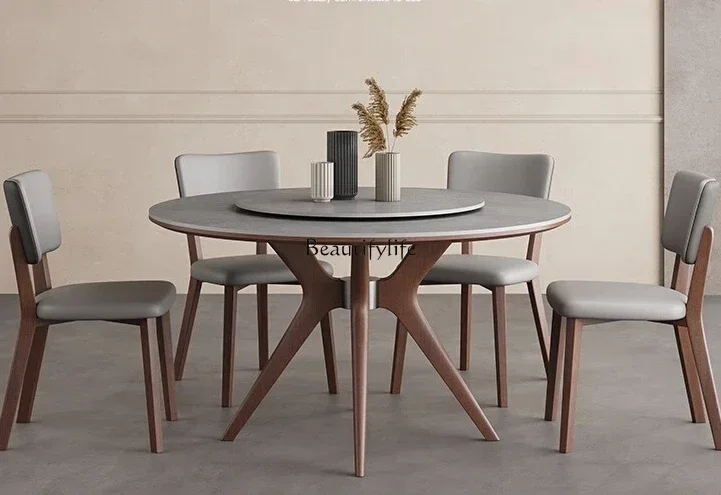 

LNordic Style Multi-Person Stone Plate Dining Table round Band Turntable Modern Minimalist