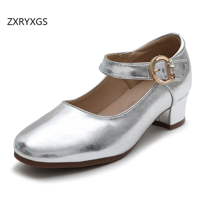 

ZXRYXGS 2025 Autumn Cowhide Patent Leather Women Mid Heel Shoes Big Size Comfortable Elegant Fashion Shoes Banquet Trendy Shoes