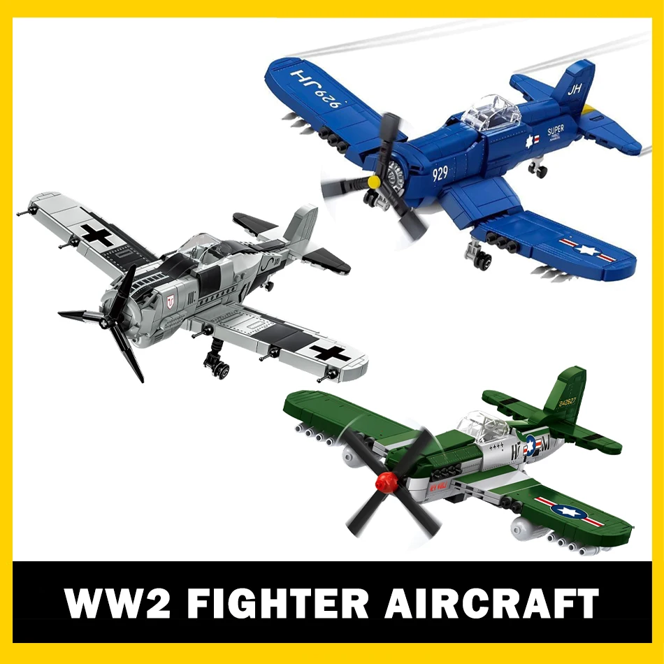 

MOC Military WW2 Germany US Airforce FW190 P-51 Mustang F4U Corsair Fighter Aircraft Model Building Blocks Bricks Toys Kids Gift