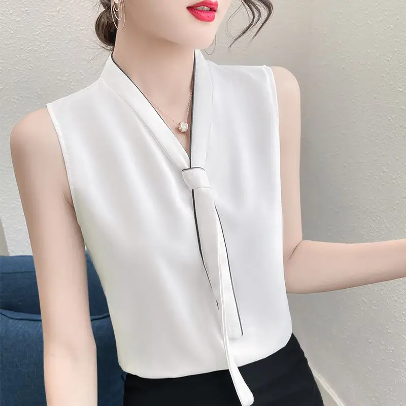 

Fashion Sleeveless Chiffon Vest for Women Summer New Thin Solid Loose Vintage Shirt Tops All-match Elegant Blouse Office Clothes